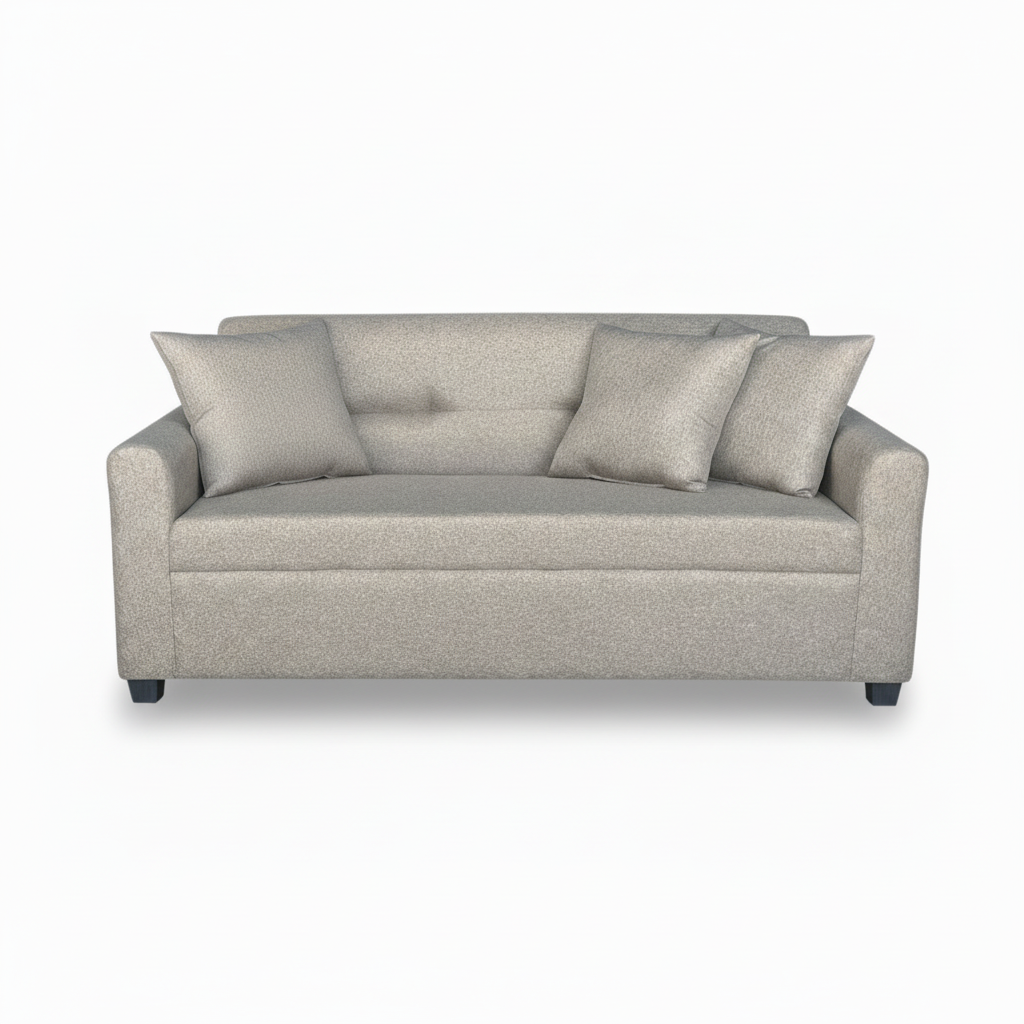 3-seater sofa in light gray upholstery with three back cushions, centered front view