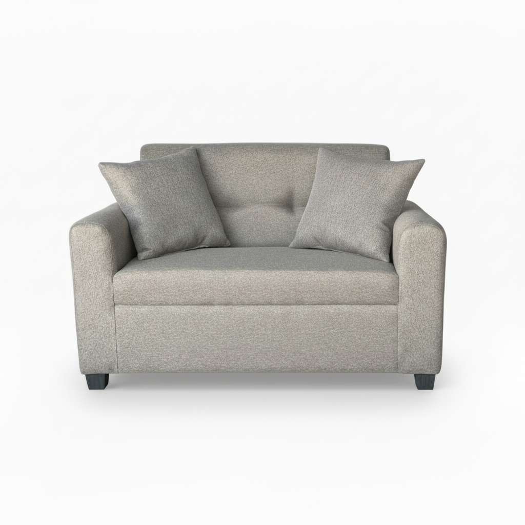 2-seater sofa in light gray fabric with square arms and back cushions