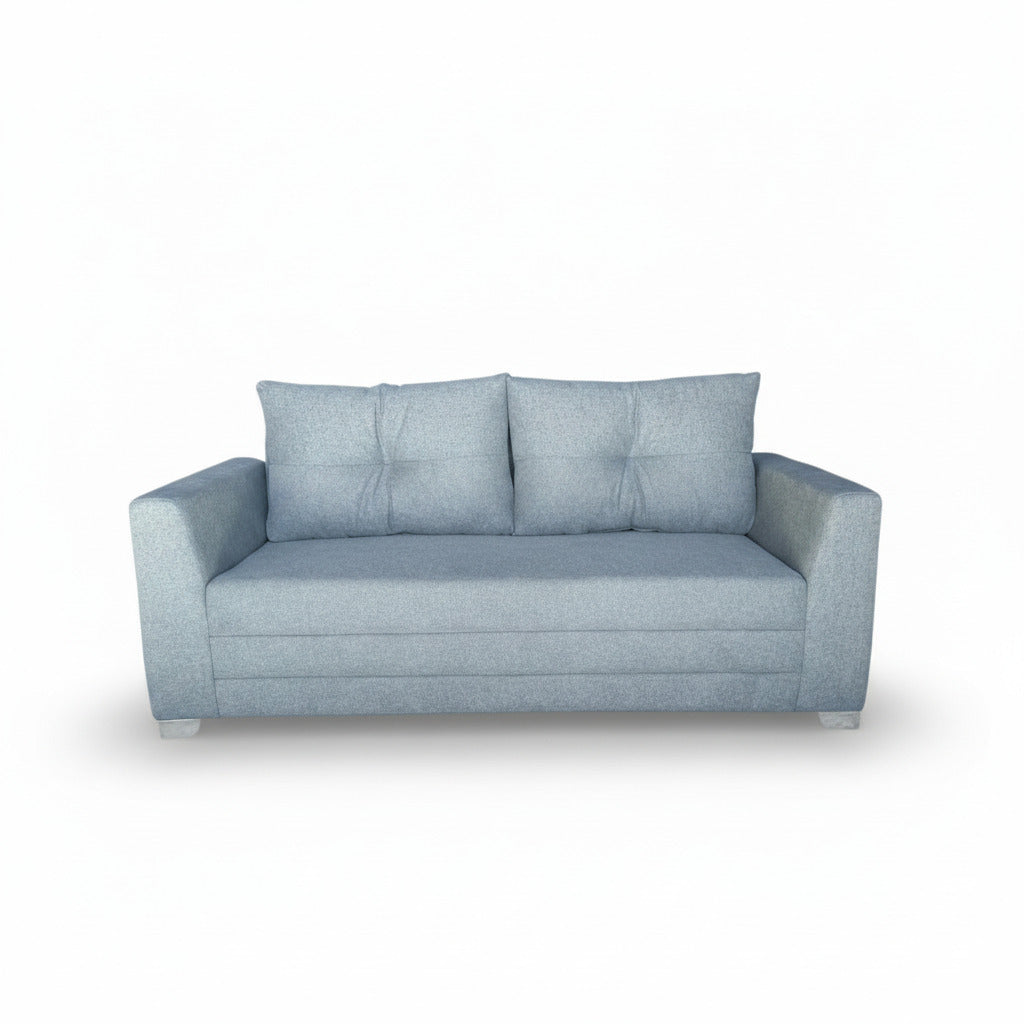 3-seater sofa in light blue fabric with tufted back and box cushions