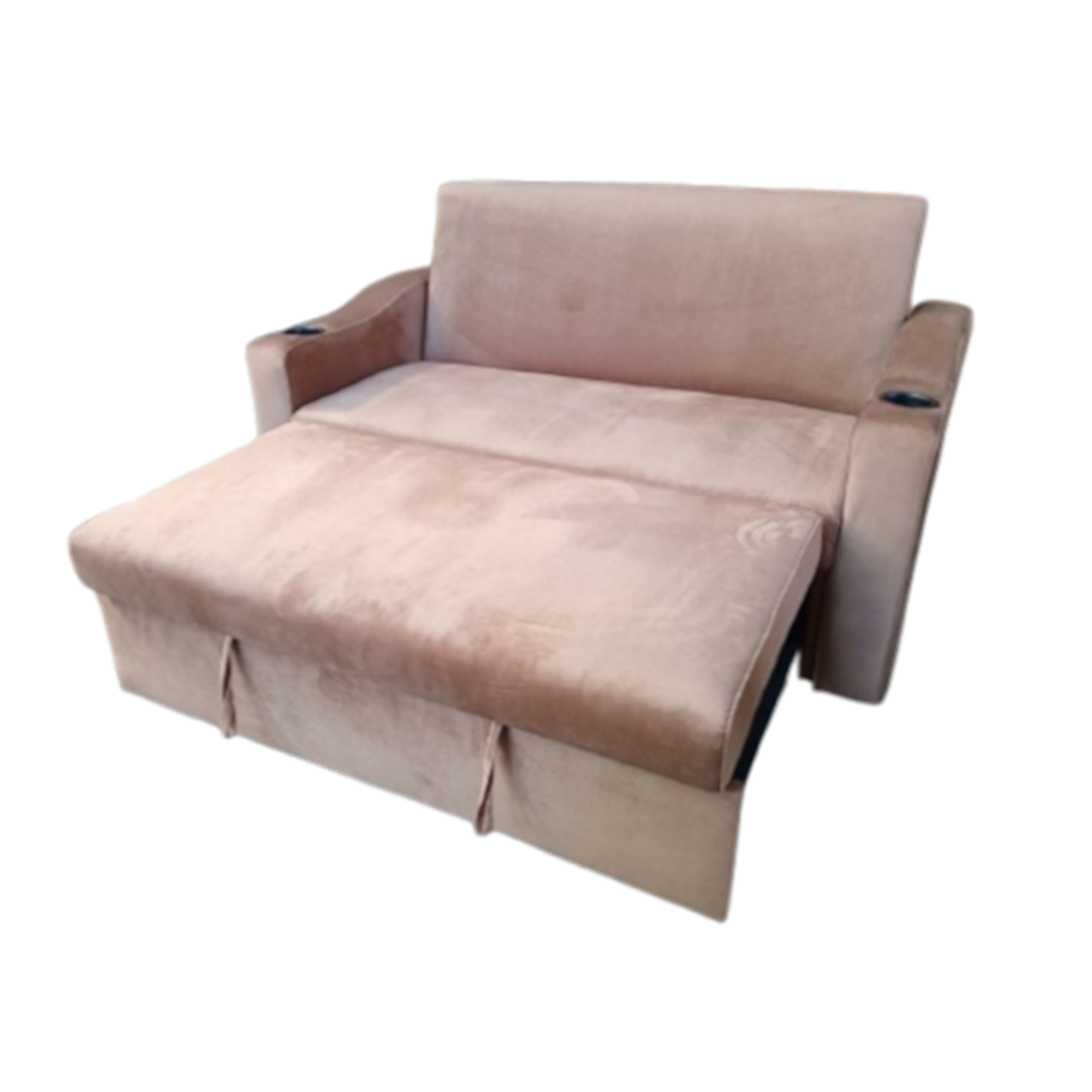 Light brown 2 seater sofabed with pull-out bed and two seat cushions