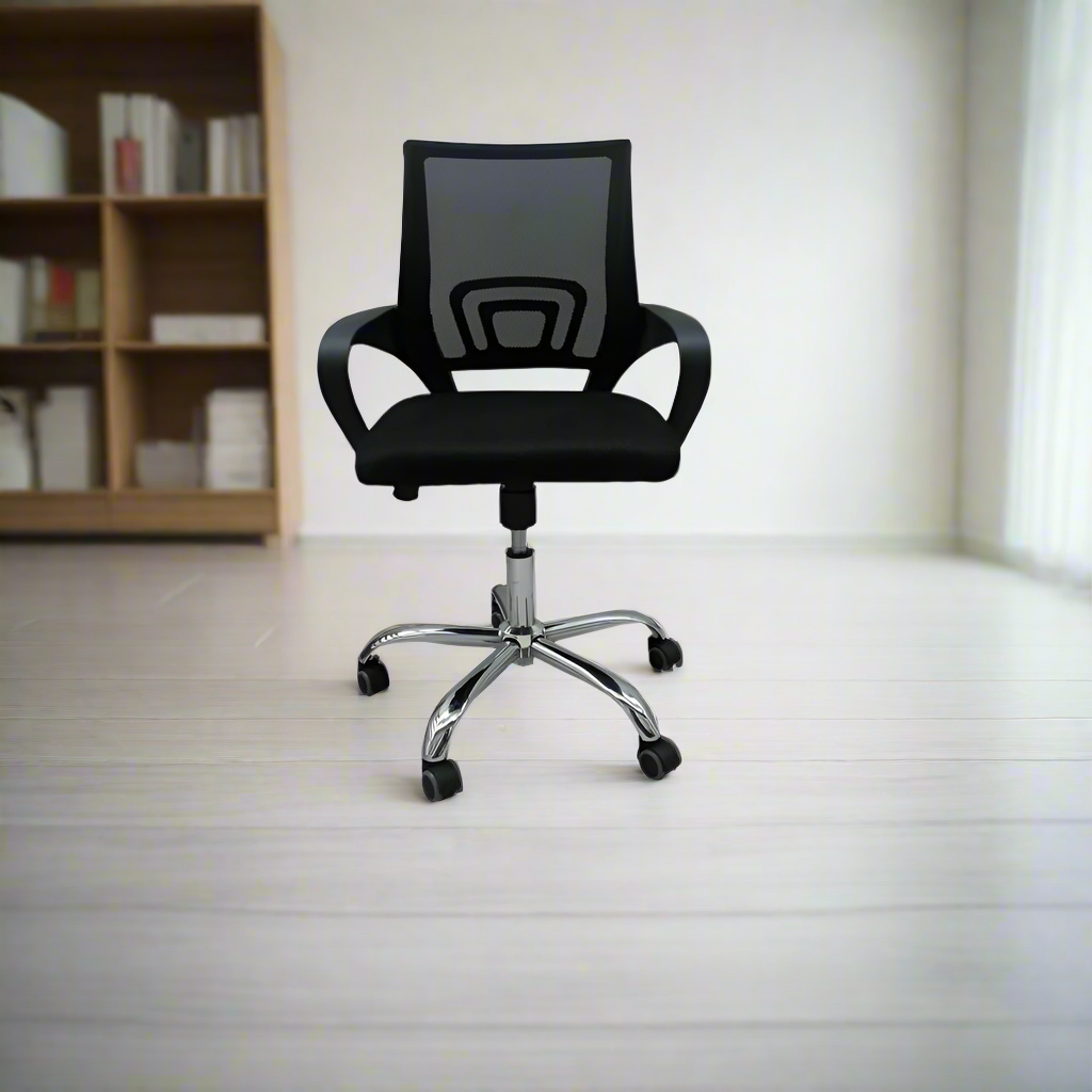 Black office chair with mesh back, padded seat, and chrome five-star base with casters