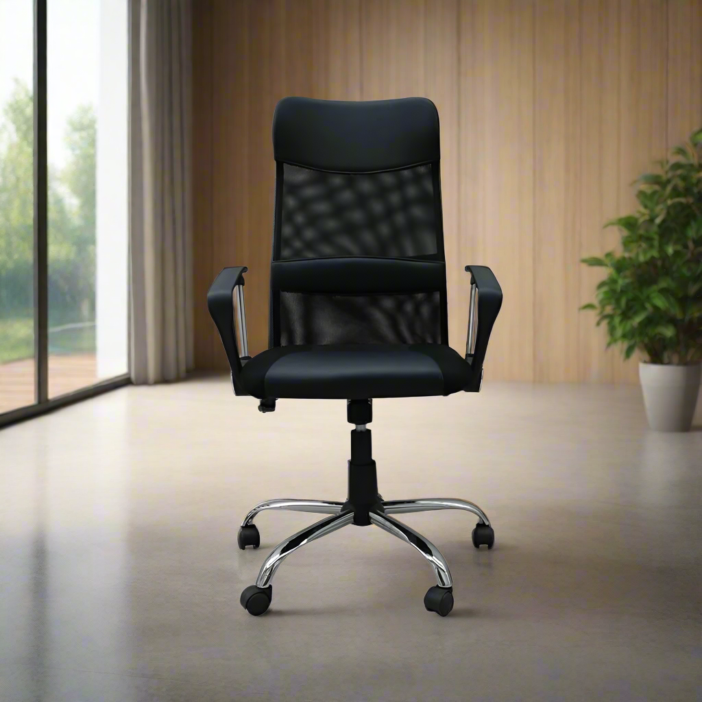 Black executive office chair with quilted back, armrests, and chrome swivel base