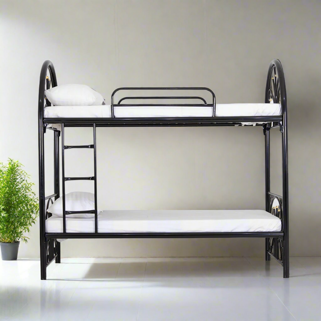 Double-deck bunk bed with two white mattresses and side guard rails in black