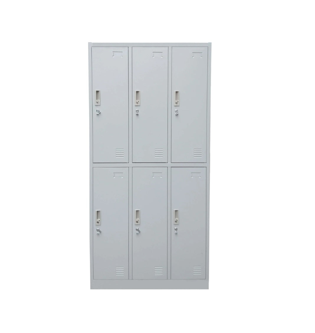 Gray 6-door locker cabinet with six doors, key locks, and vent panels