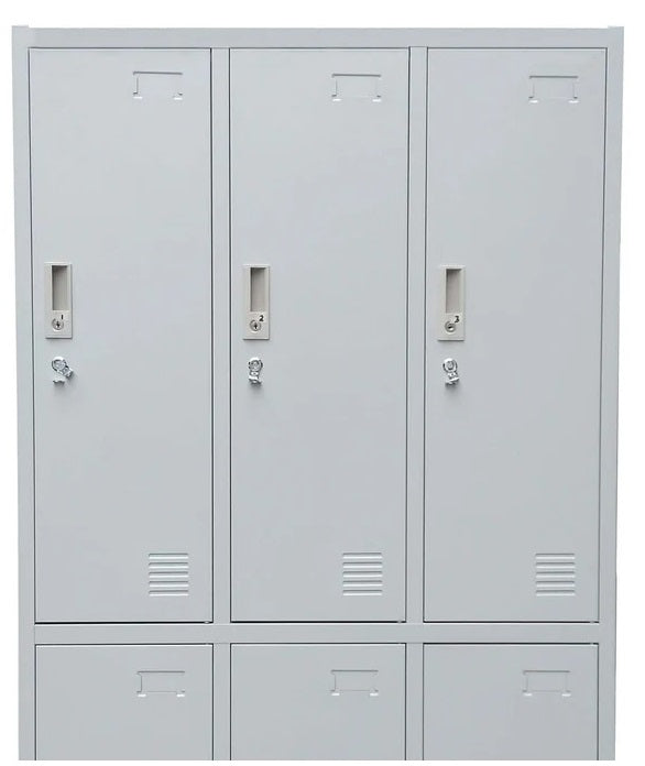 Gray locker front with three doors, key locks, and small top vent panels