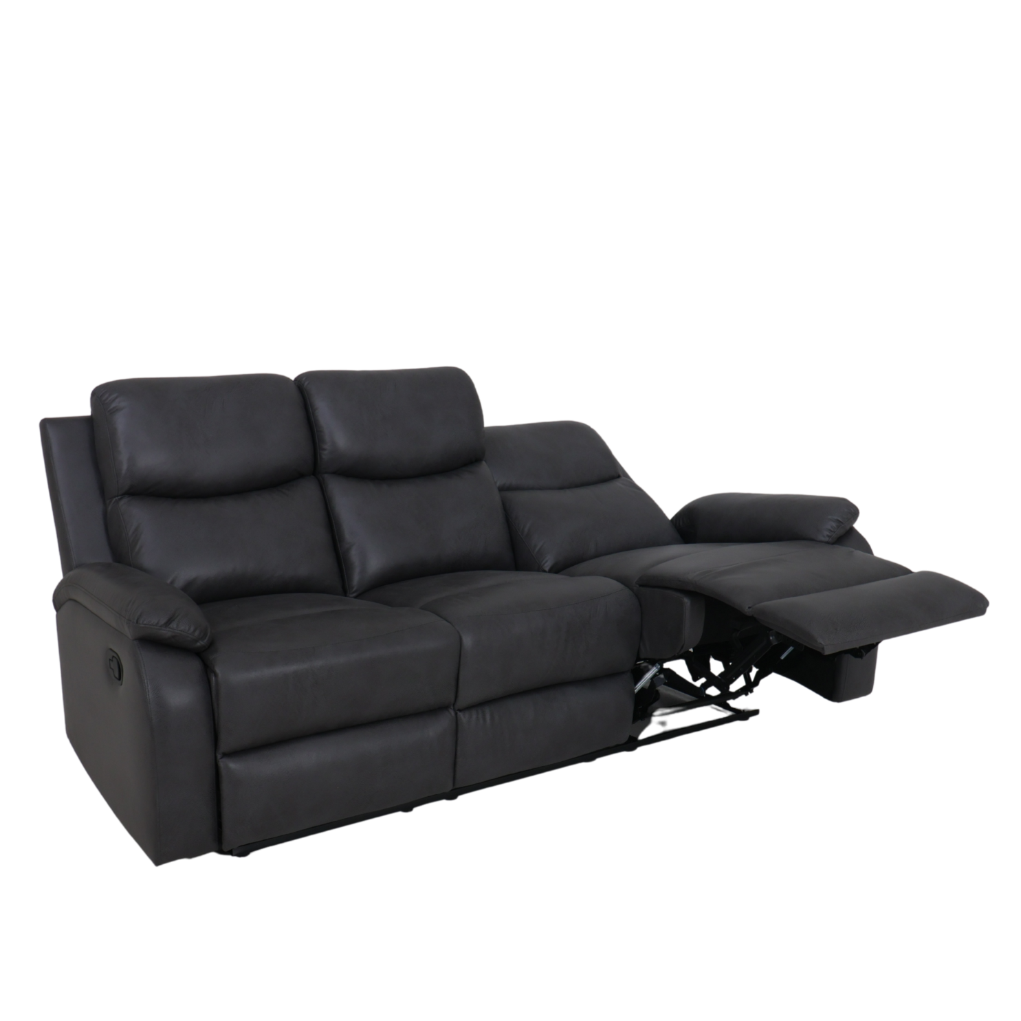 3-seat recliner sofa with dark upholstery, raised headrests, extended footrest platform
