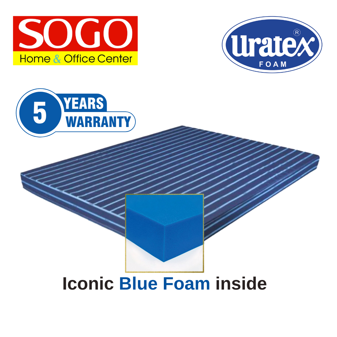 4-inch thin cotton mattress with blue striped cover and foam block close-up