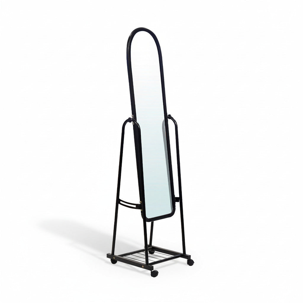 Black standing mirror on metal base with arched frame and full-length reflective panel