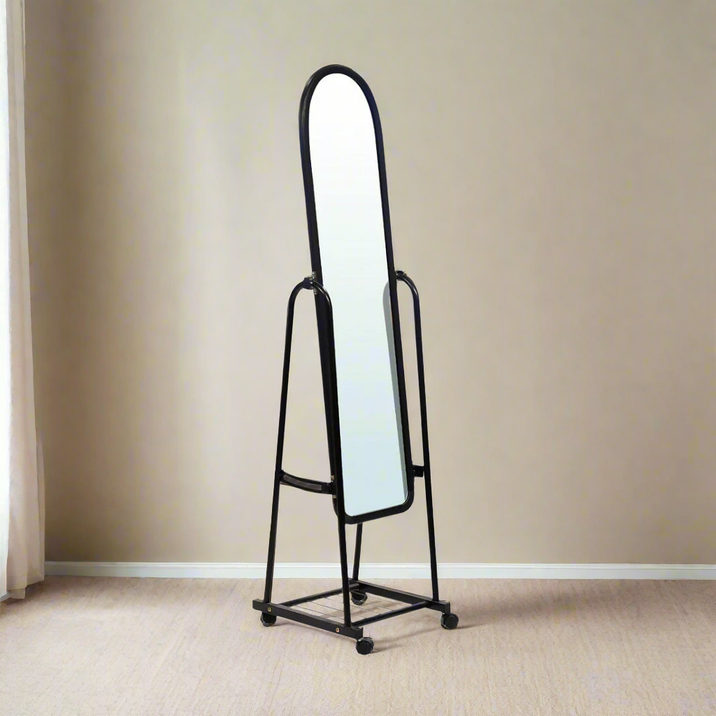 Black freestanding floor mirror with arched frame, metal stand, and lower shelf