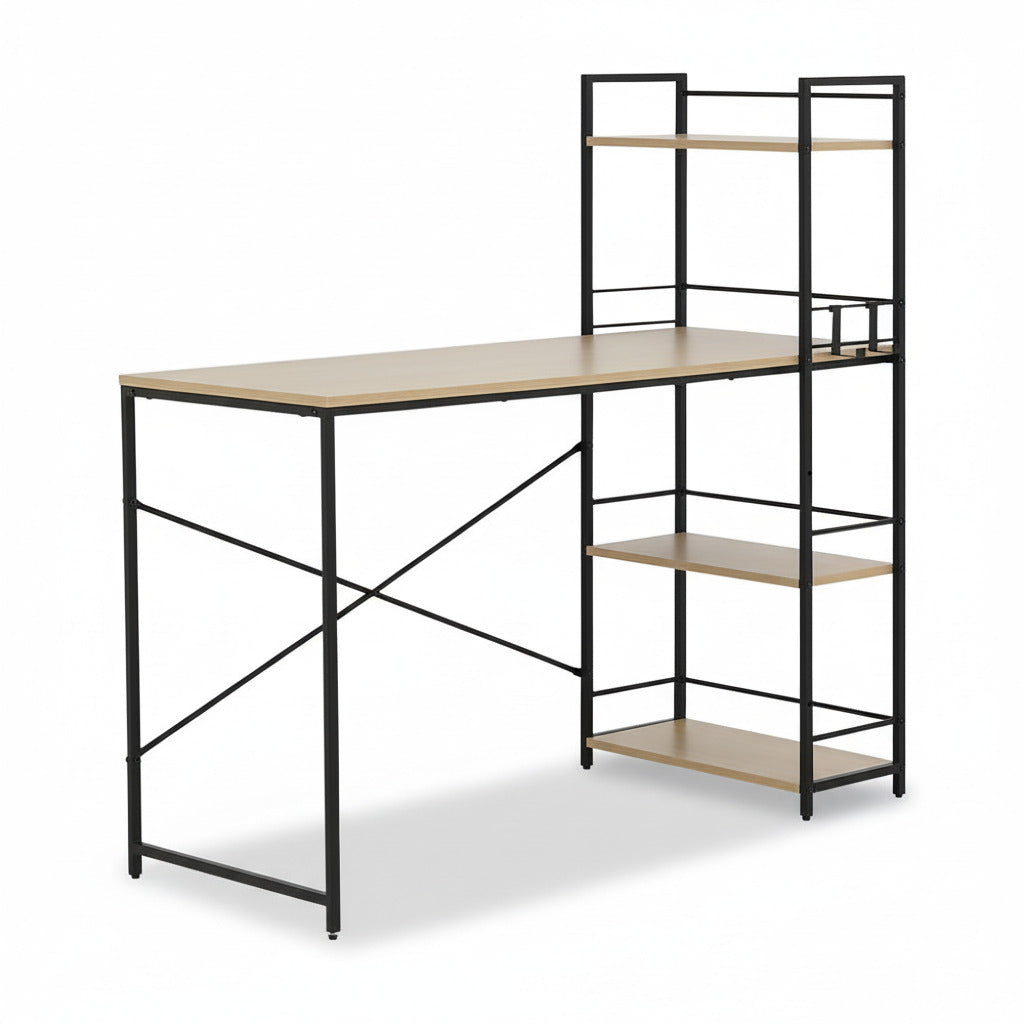 Black desk with light wood tabletop, X-frame base, and tall open shelving unit