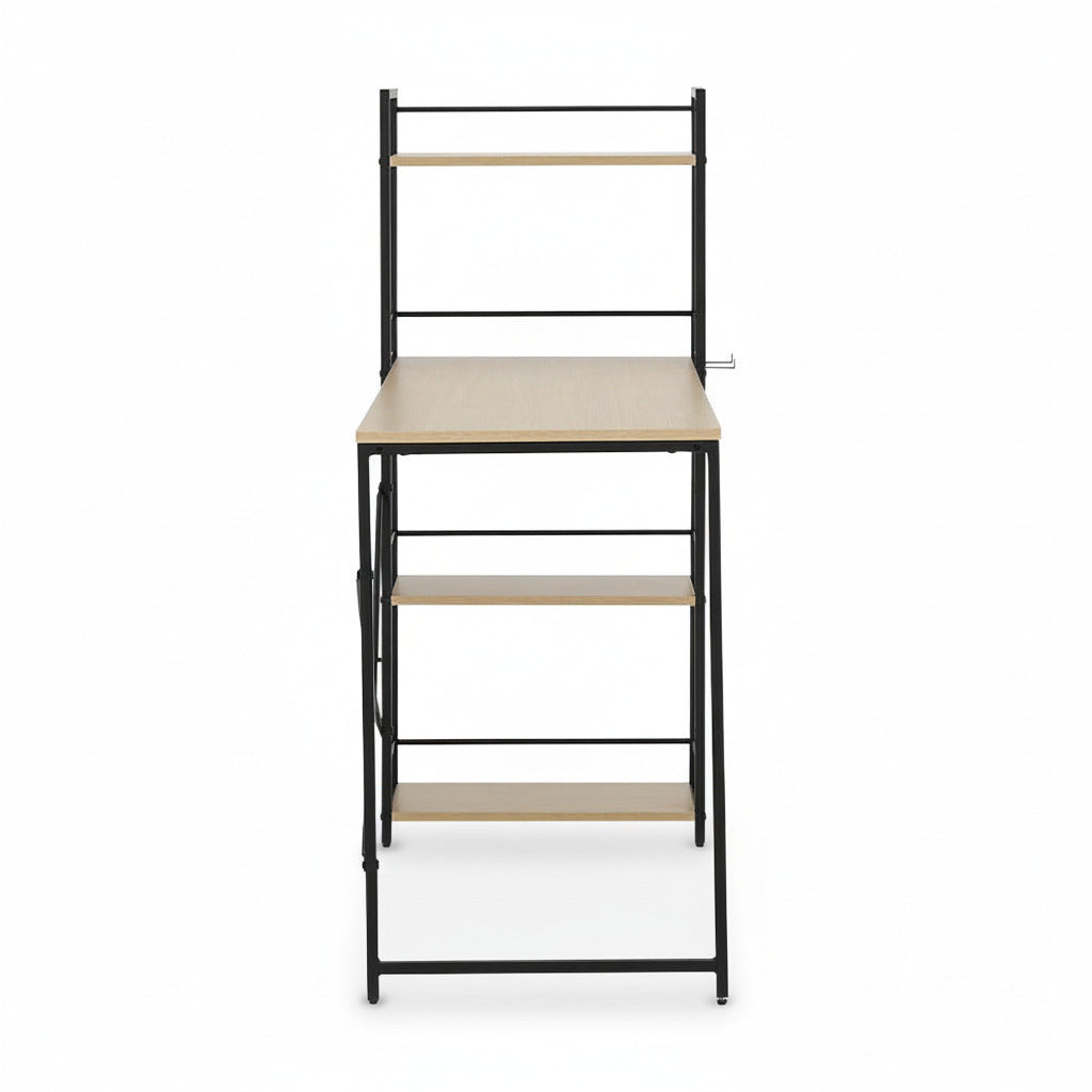 Black desk with light wood work surface and stacked open step shelves