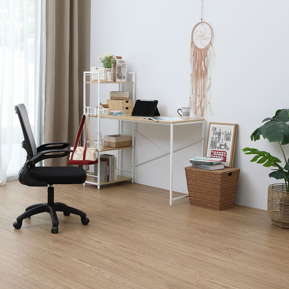 White desk with light wood top and open shelving, shown with office chair
