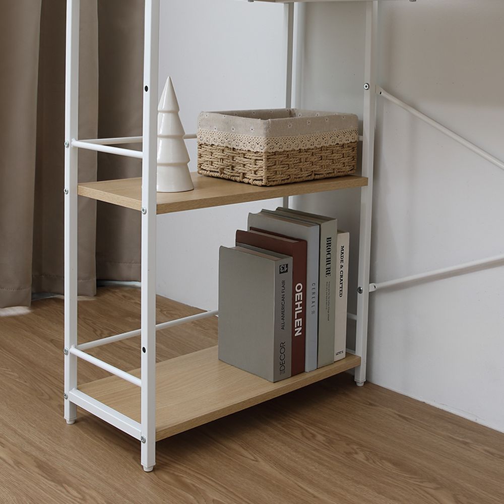 White desk with natural wood top and open shelving, X-frame supports