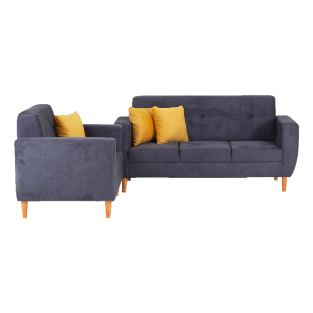 Sofa set with dark blue fabric and mustard yellow pillows, loveseat and three-seat sofa