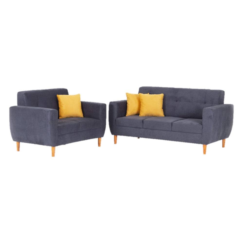 Sofa set with dark blue-gray fabric and mustard yellow pillows, loveseat and 3-seat sofa
