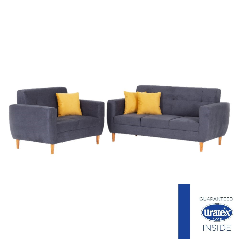 Blue gray 3-seater sofa set with two matching armchairs, mustard accent pillows