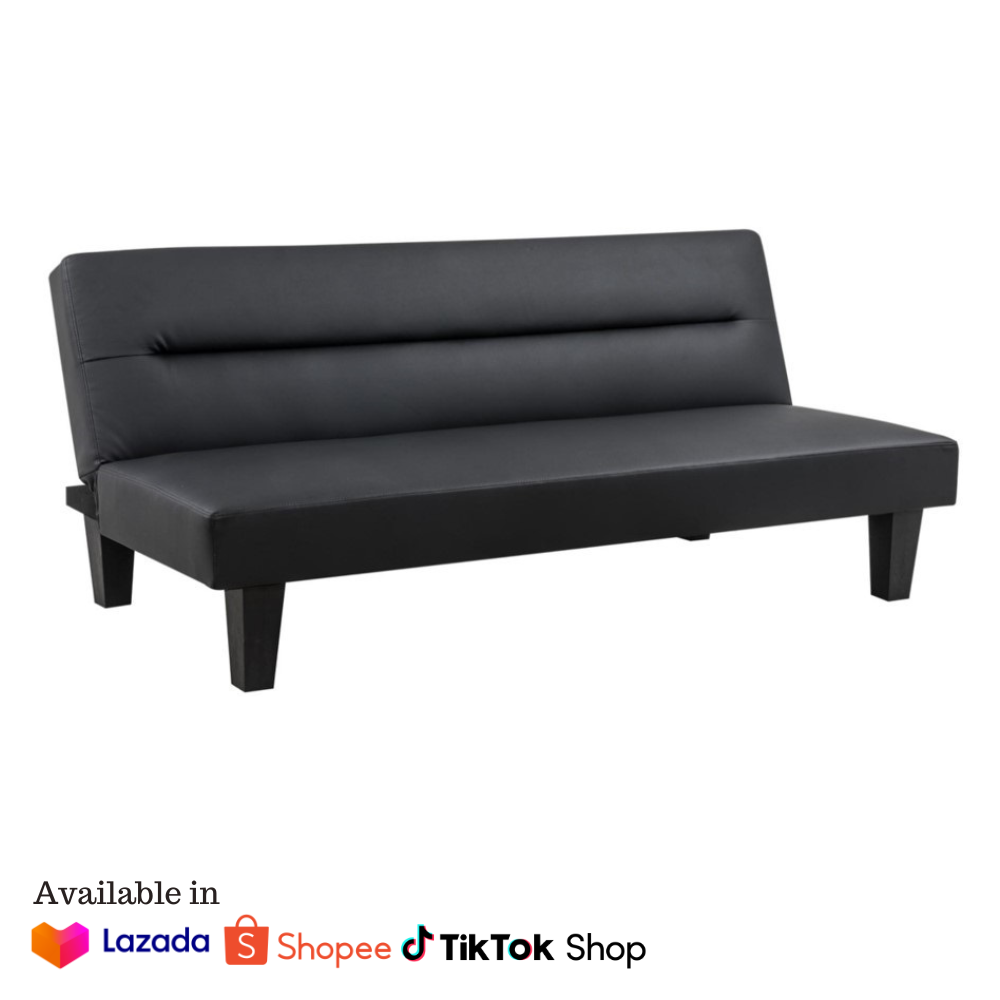 Black sofa bed with cushioned backrest and seat; seller badges shown below