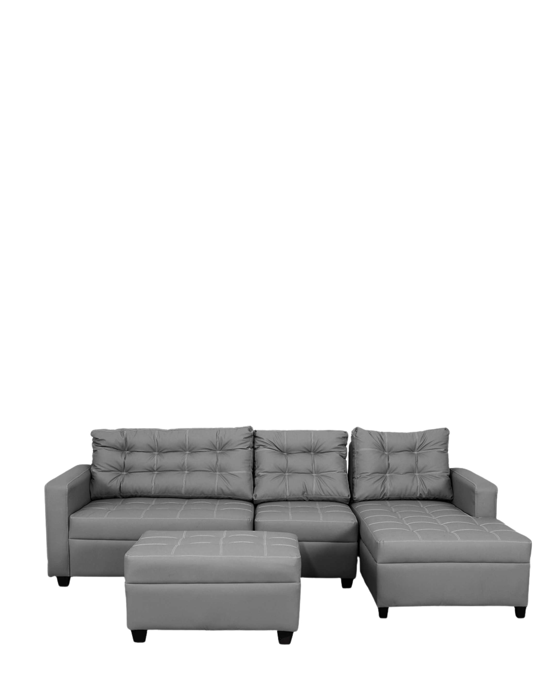Gray L-shape sofa with tufted cushions, chaise section, and matching ottoman.
