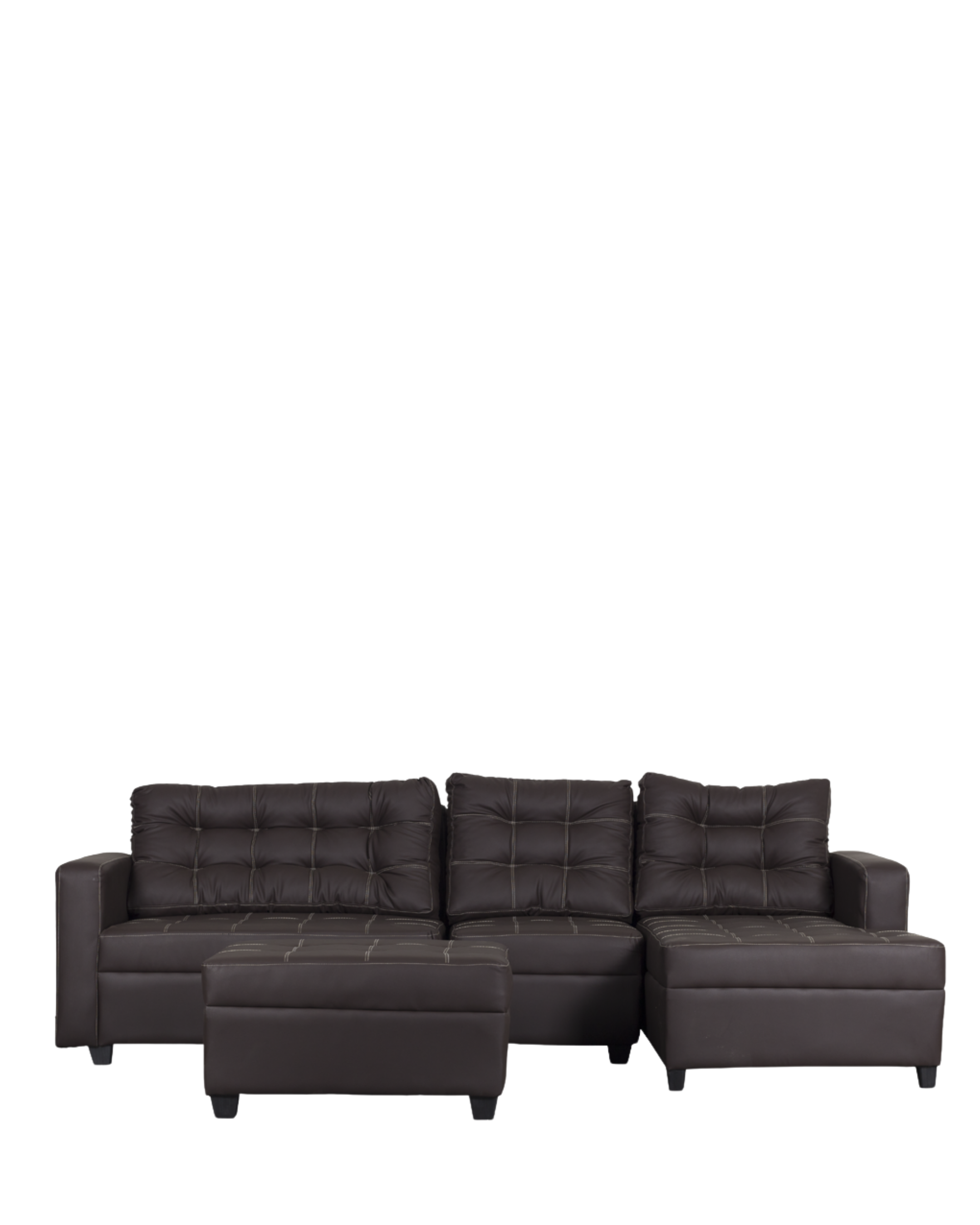 Dark brown L-shape sofa with tufted cushions, chaise section, and matching ottoman.
