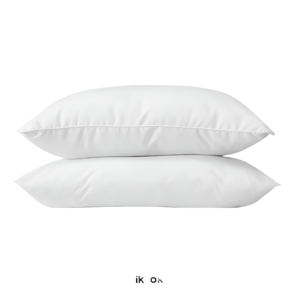 White fiber pillow pair, rounded rectangular pillows with stitched border