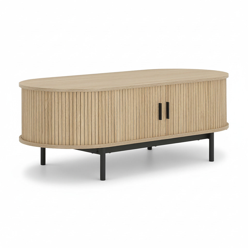ADORA center table with ribbed wood front, two black pulls, curved tabletop, black legs