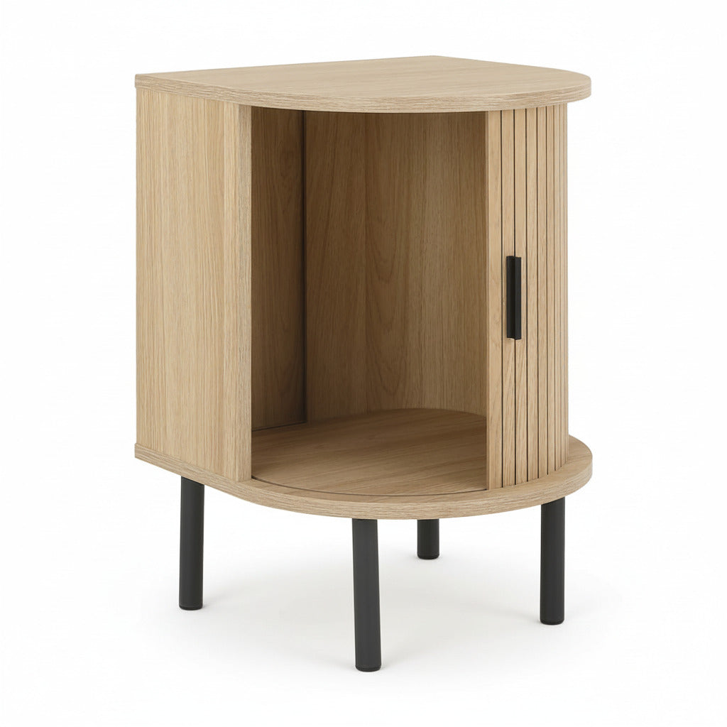 Wooden side table with open cabinet and interior shelf, vertical slats, black legs