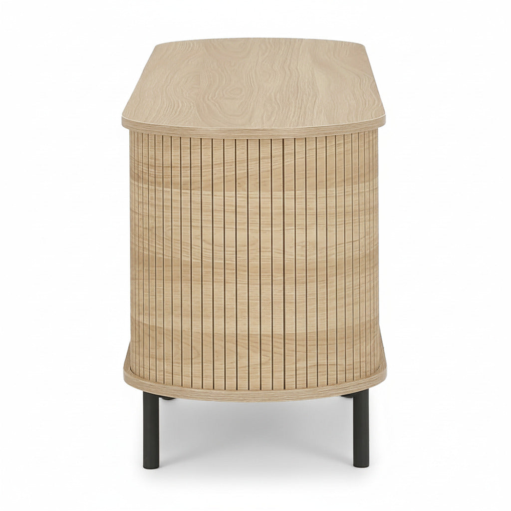 Ribbed light wood storage cabinet with rounded top and four dark legs