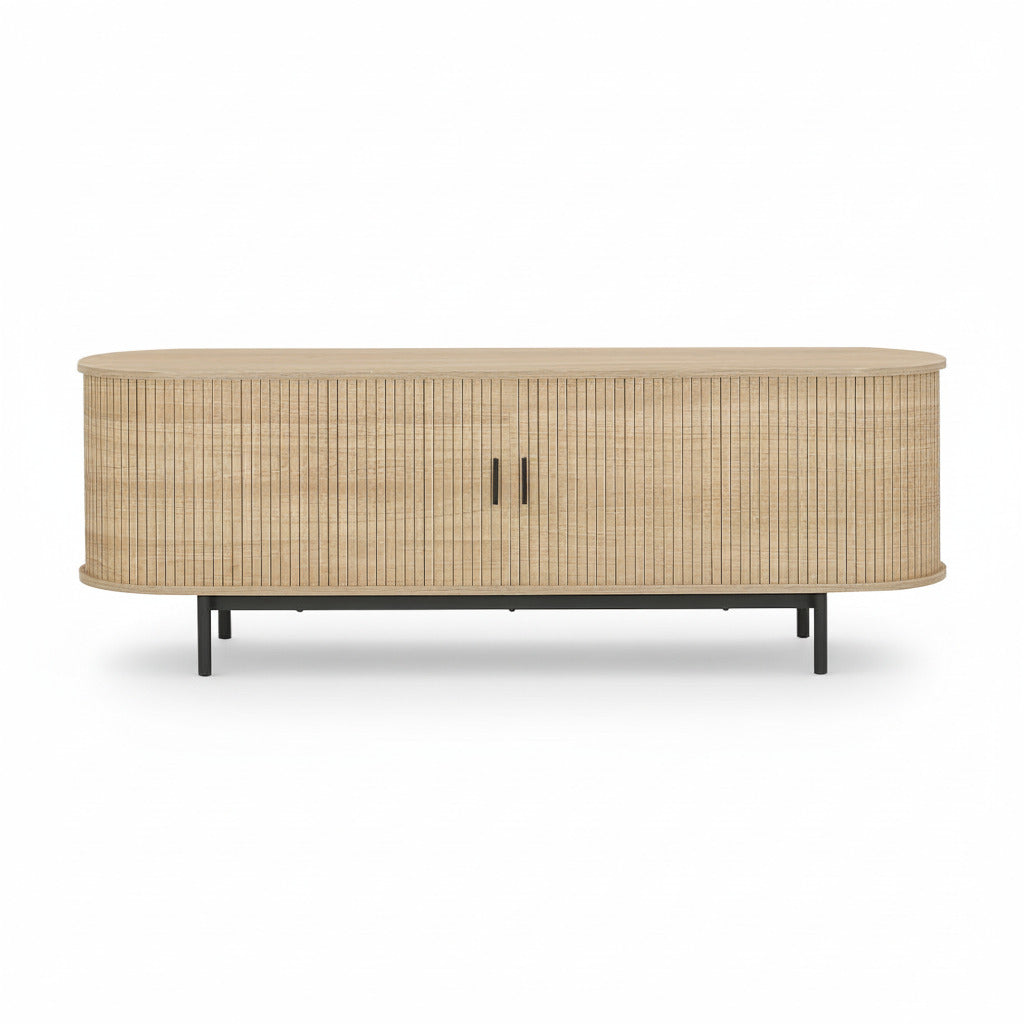Light wood TV cabinet with ribbed front panel, double vertical black pulls, and legs