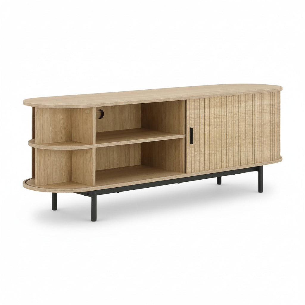 Light wood TV cabinet with open shelves, ribbed door panel, and black bar handle