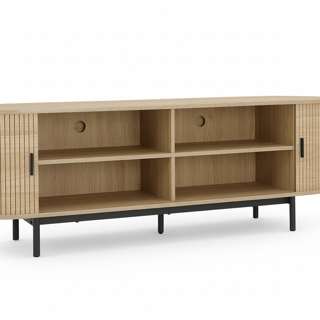 Light wood TV cabinet interior with open shelves and ribbed cabinet door on the side