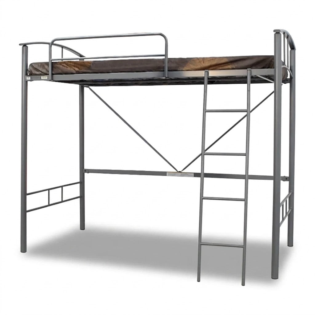 Loft bed with light gray metal frame, guardrails, ladder, and wood slat platform
