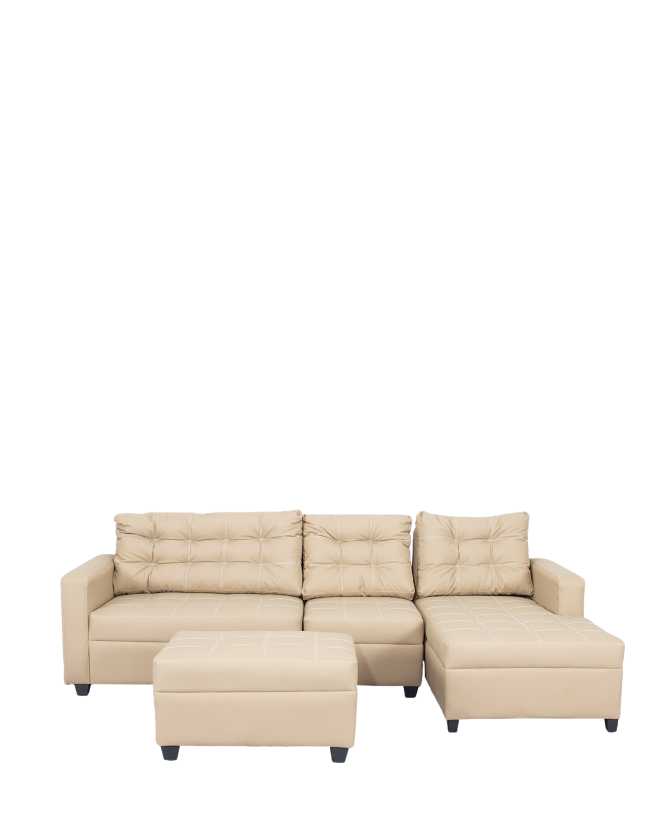 Beige L-shape sofa with tufted back cushions, chaise section, and matching ottoman.