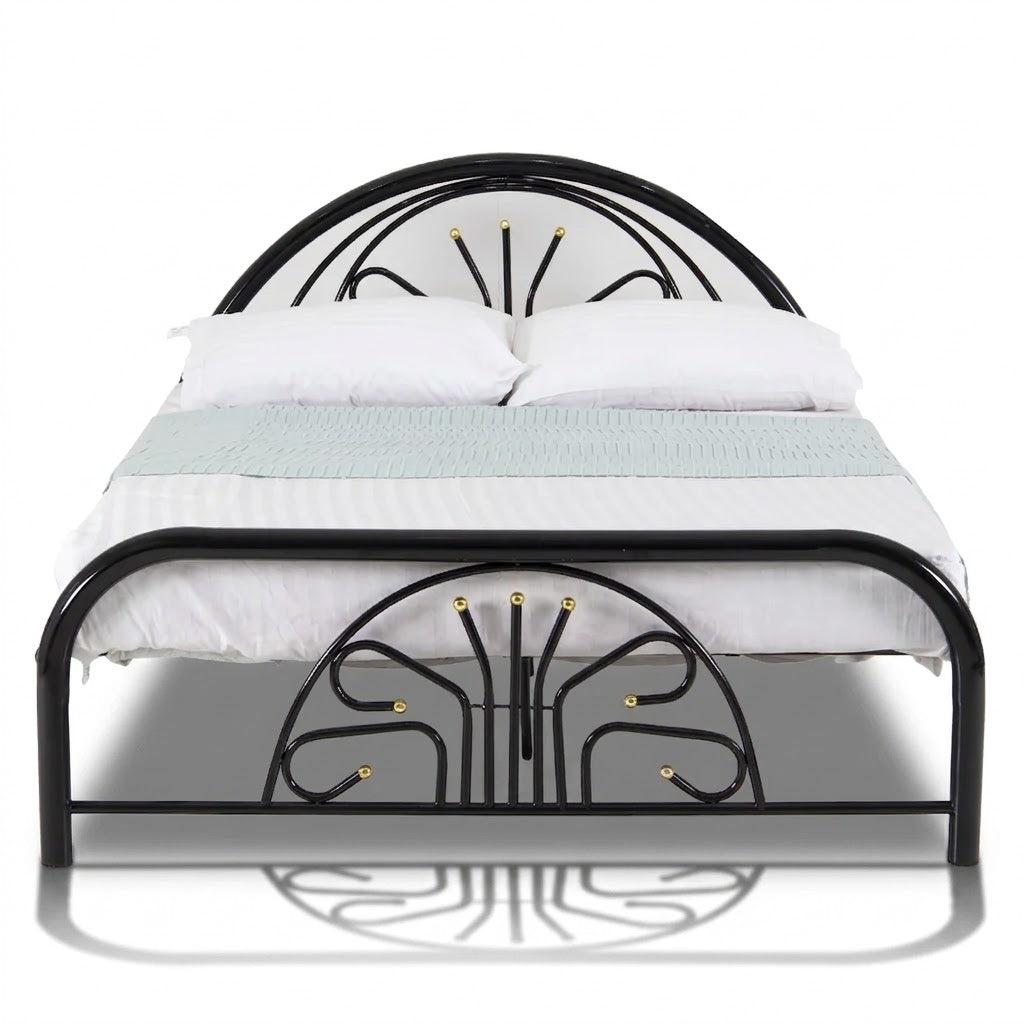 Single bed frame with black finish, arched headboard and footboard, metal scrollwork