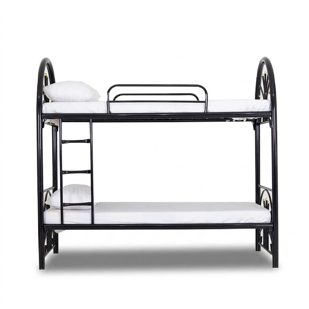 Double-deck bunk bed with two white mattresses and ladder rungs on the ends