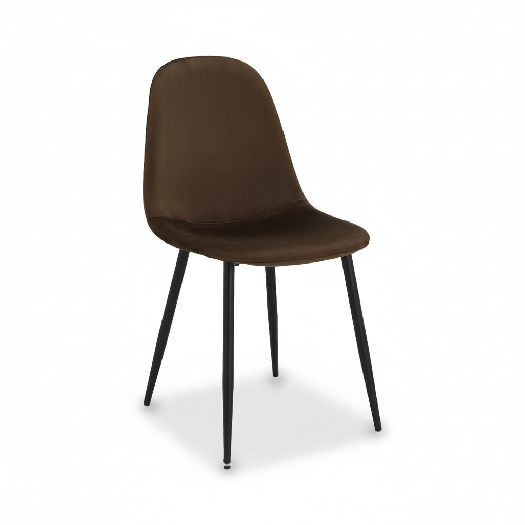 Brown dining chair with arched backrest, padded seat, and black tapered legs.