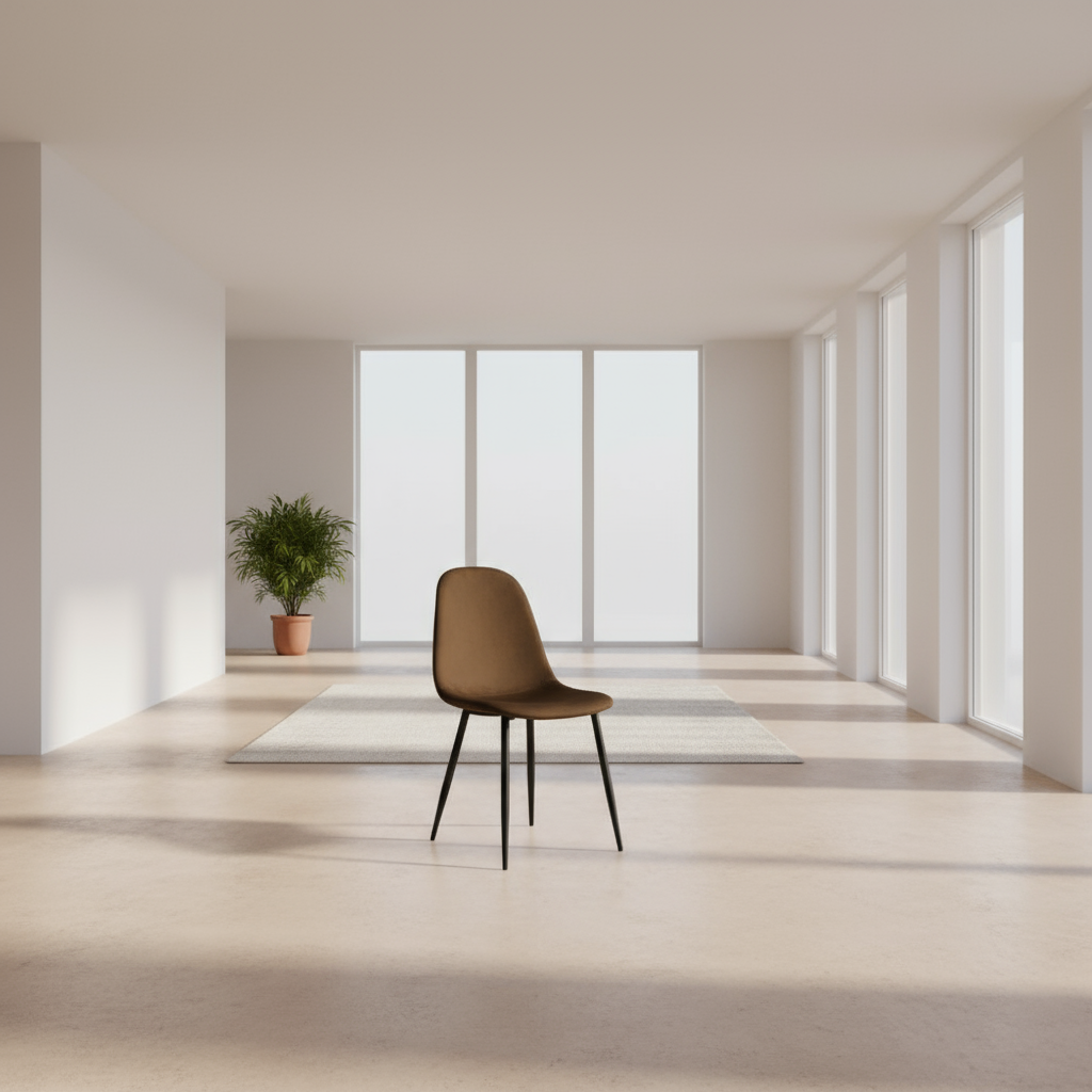 Brown dining chair with curved upholstered back and seat, on black tapered legs.