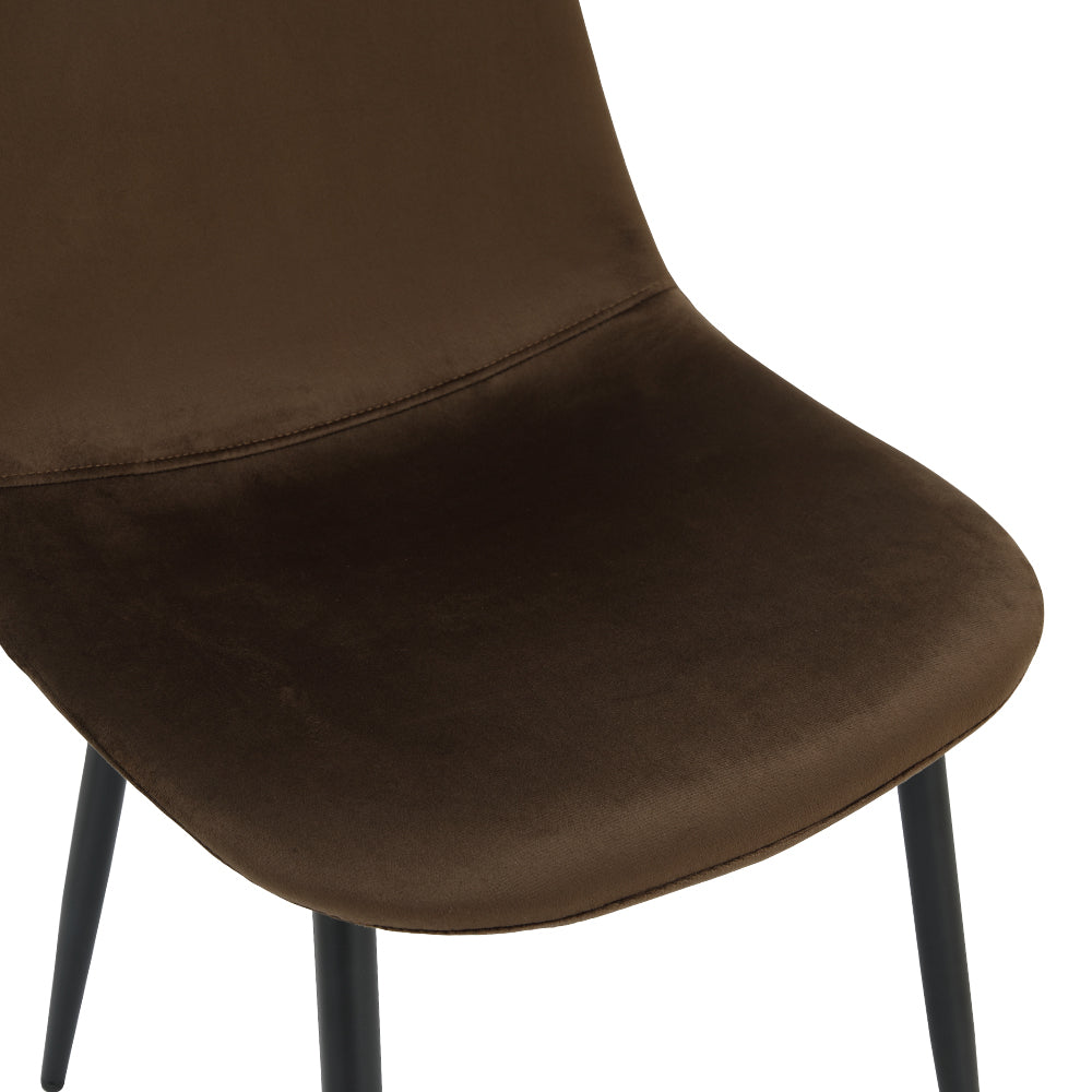 Brown upholstered dining chair seat with smooth curved padding and black support legs.