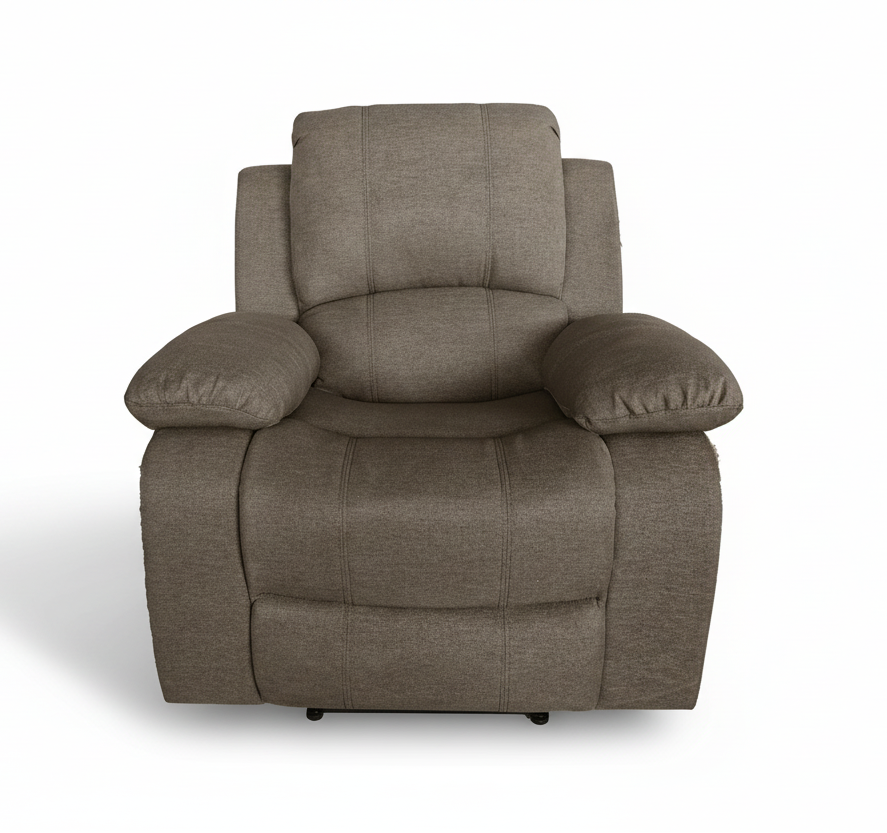Gray fabric recliner chair with tufted front panel and rounded arm pillows
