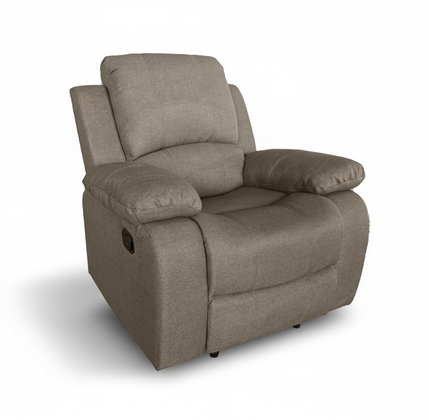 Gray fabric recliner chair with padded arms and headrest, reclined with footrest