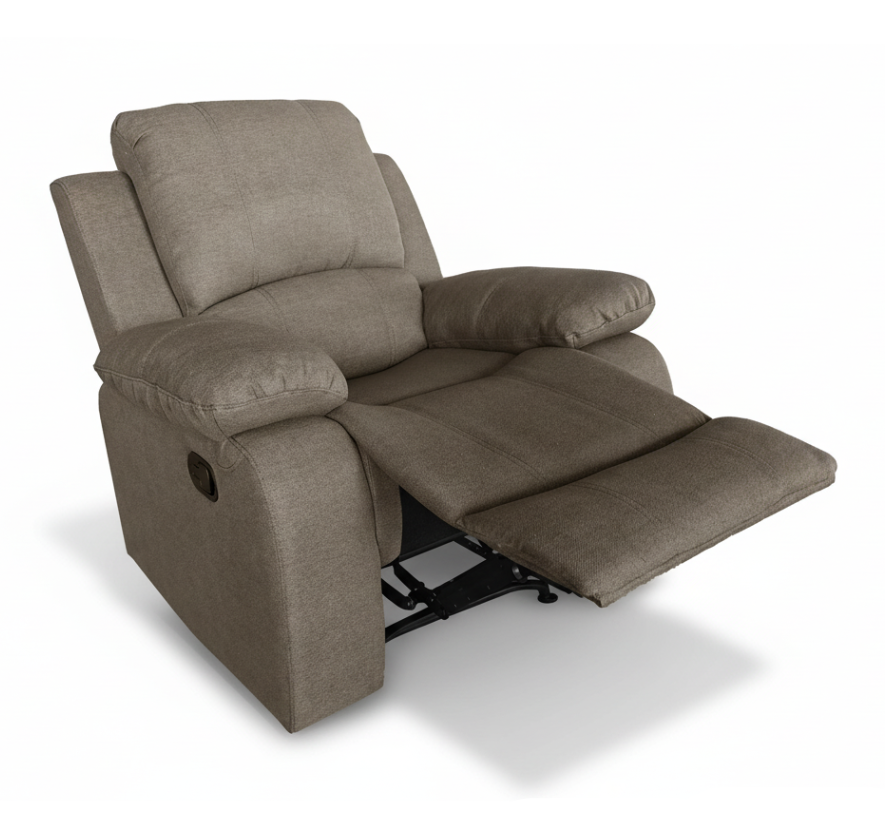 Gray fabric recliner chair with extended footrest and lifted seat cushion