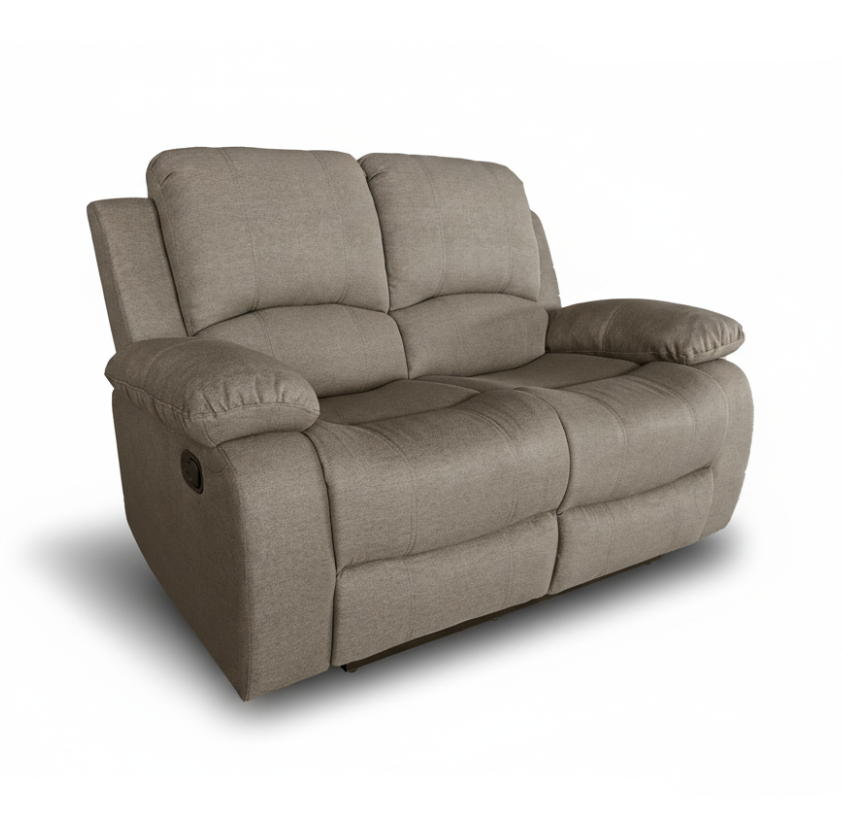Grey 2 seater recliner sofa with padded armrests and cushioned back seats