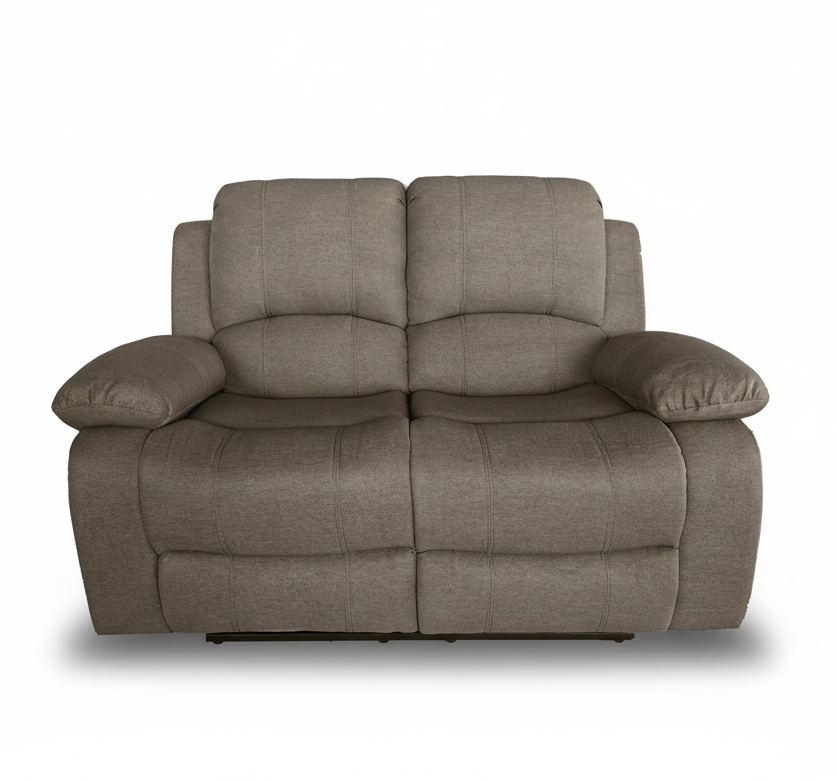 Grey 2 seater recliner sofa, centered front view with two seat cushions