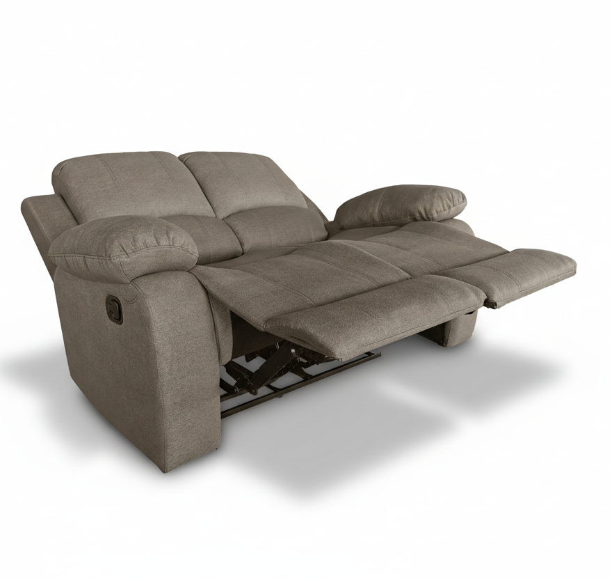 Grey 2 seater recliner sofa with extended footrests and exposed recline frame