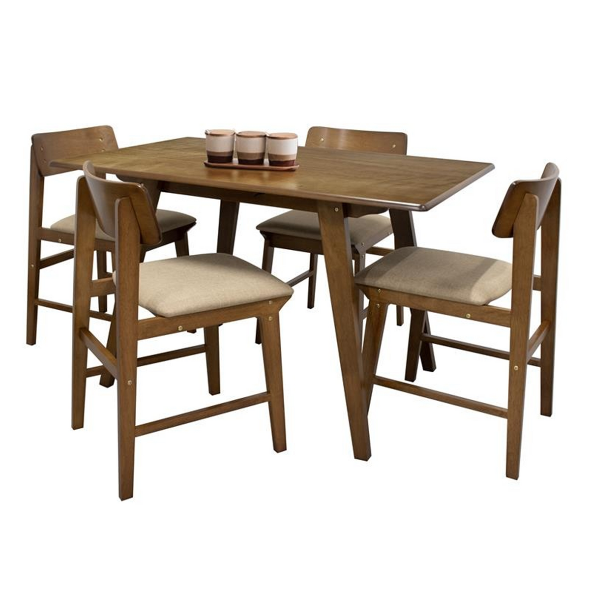 Rectangular wood dining table set for four with four chairs and beige seat cushions