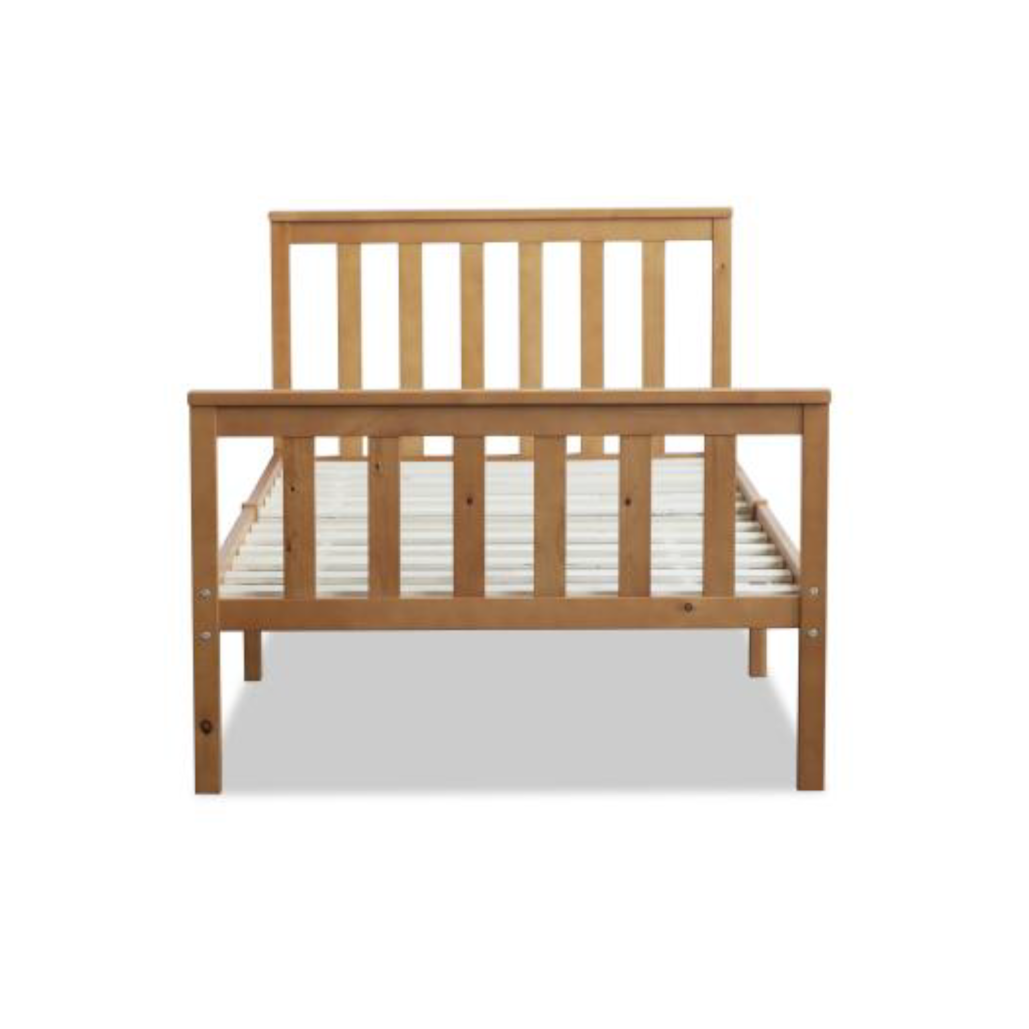 Single bed frame with vertical slat sides, light wood finish, 36x75