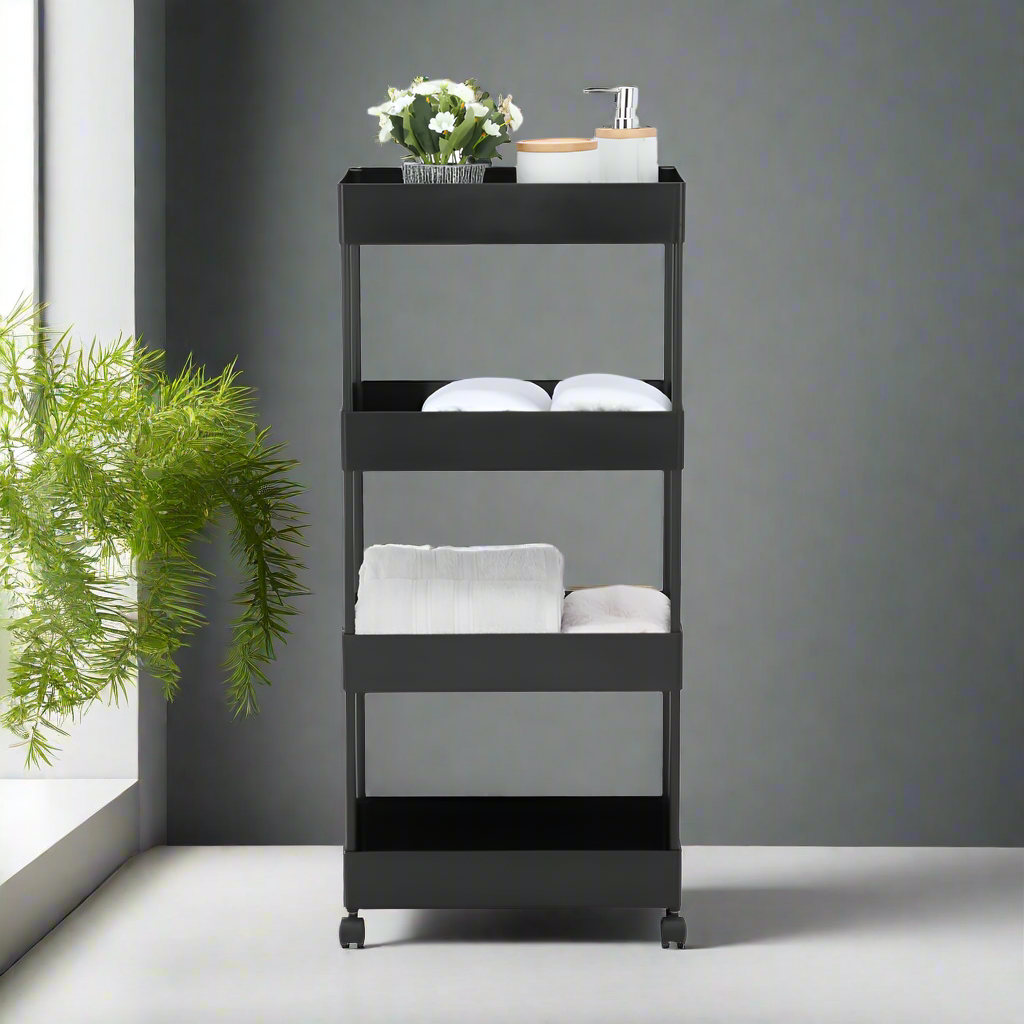 4-tier black trolley styled with white linens, flowers, and a cup on the top shelf