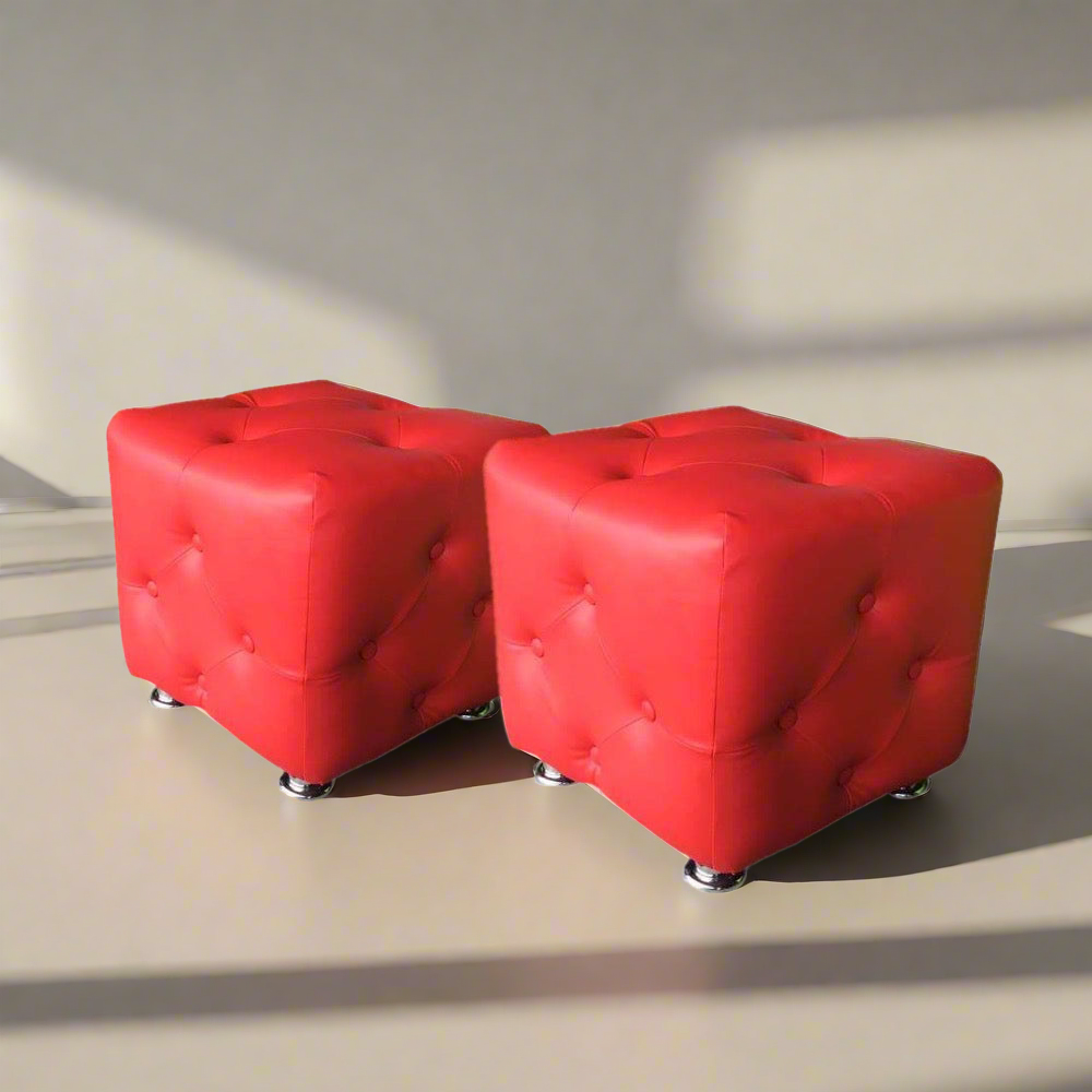 Red leather tufted ottoman set of 2 with button tufting, diamond seams, metal legs