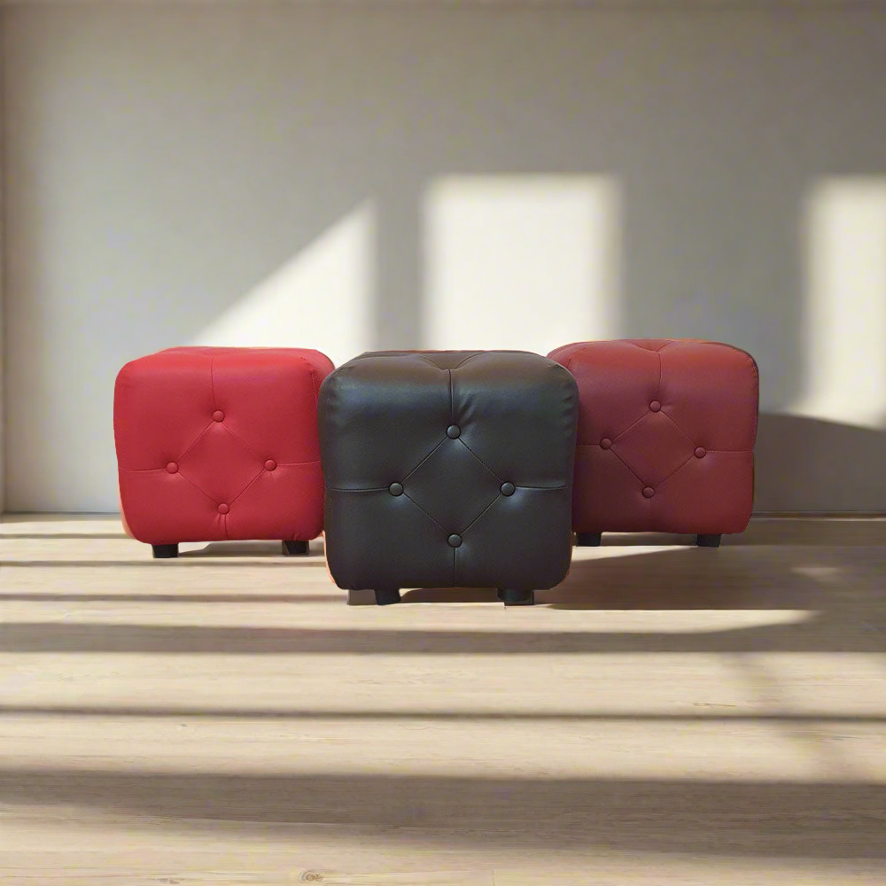 Leather tufted ottoman set of 3 with diamond stitching, red and dark tones, rounded legs