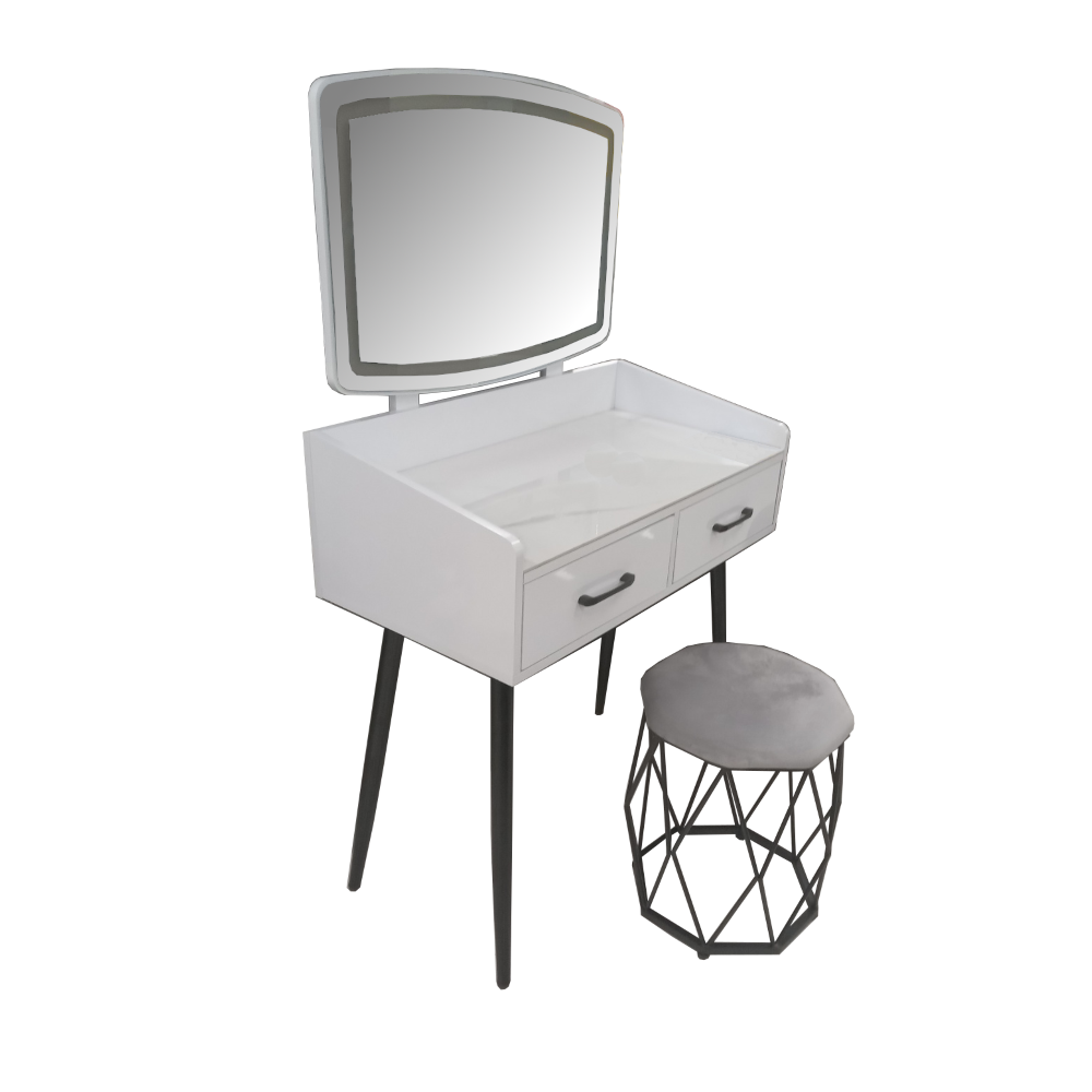 White vanity dresser with arched mirror, two drawers, and dark stool
