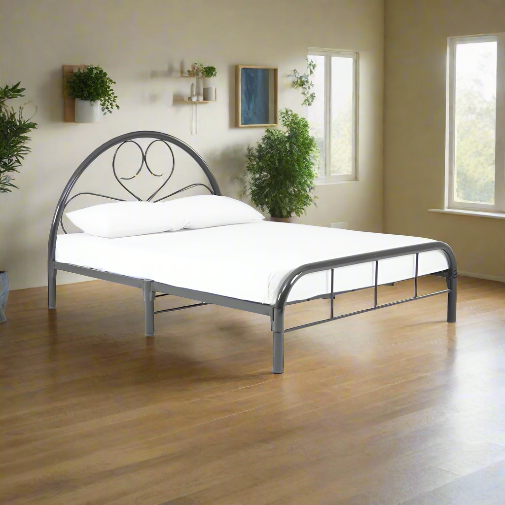 Queen metal bed frame with arched headboard and footboard, black slats